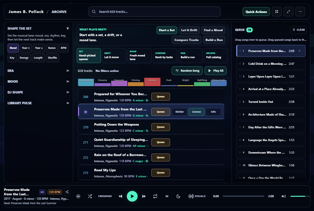 Music archive interface with filters, queue, and playback controls